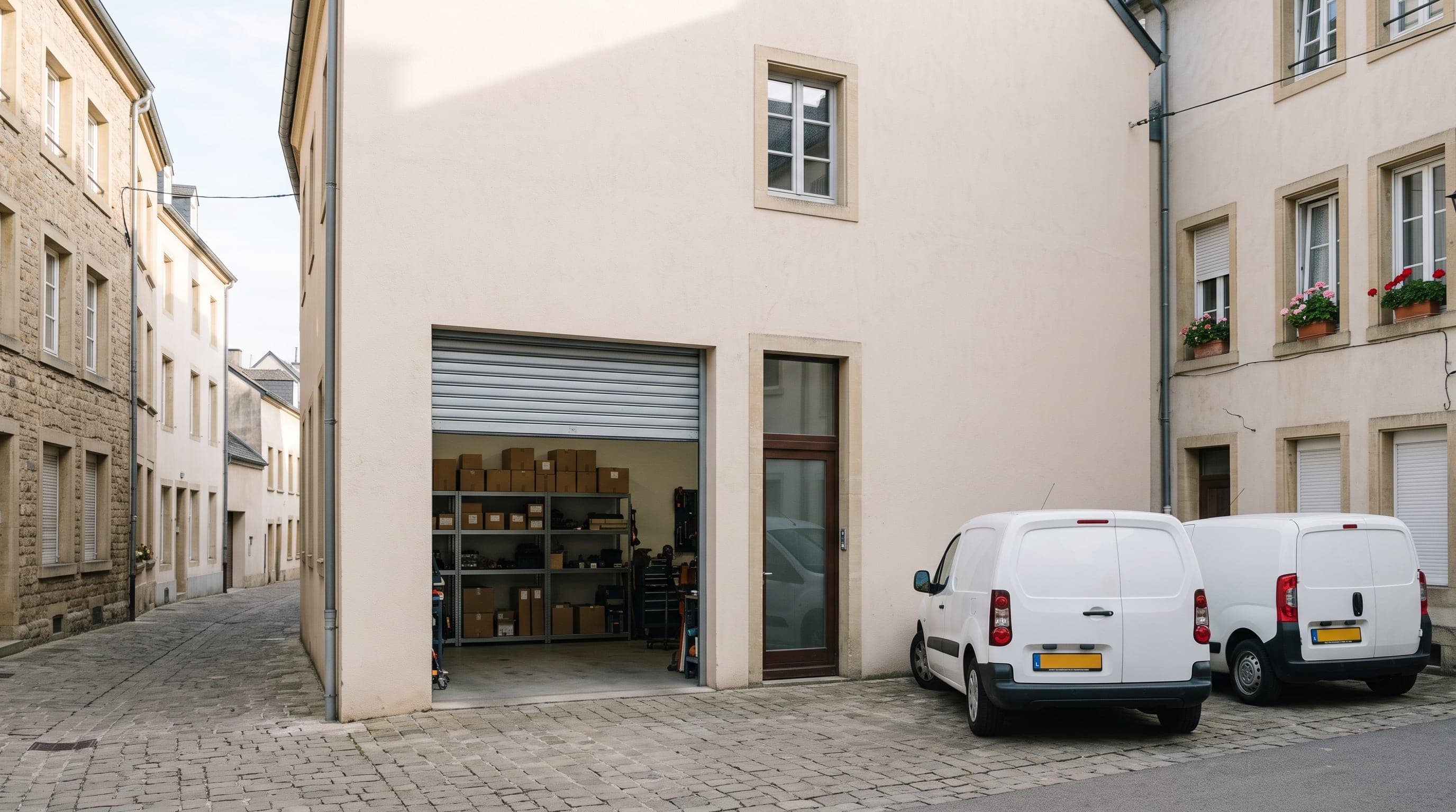 Atelier de Bouclier Sécurité, rue de la Montagne à Echternach, avec les véhicules d’intervention