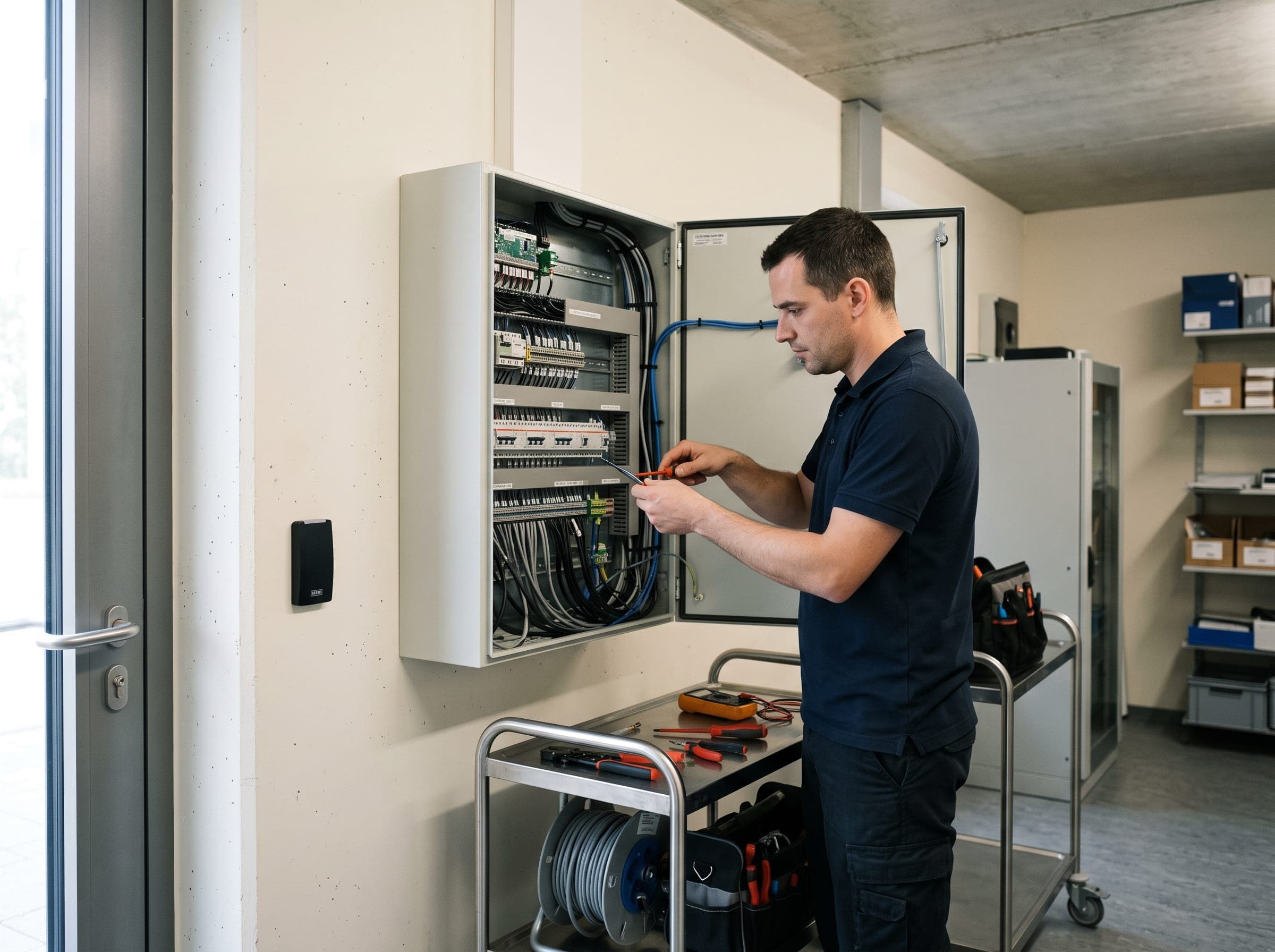 Centrale d'alarme grade 3 et lecteur de badge installés dans le local technique d'une entreprise