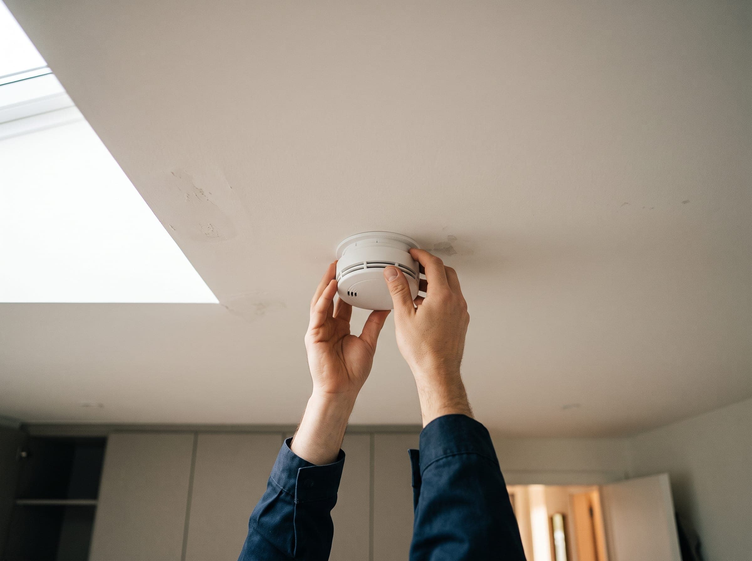 Pose d'un détecteur de fumée EN 14604 au centre du plafond d'une chambre